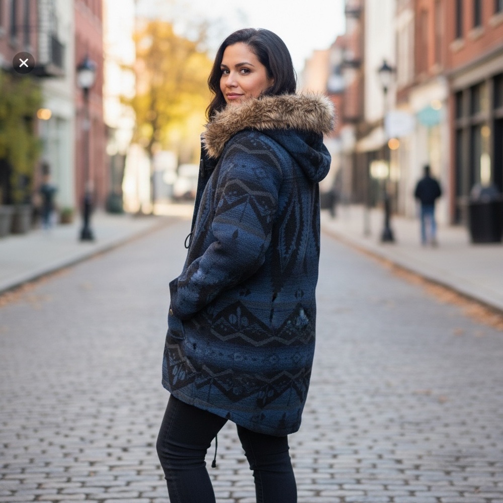 BB Dakota Midnight Blue Outerwear with Faux Fur Trim